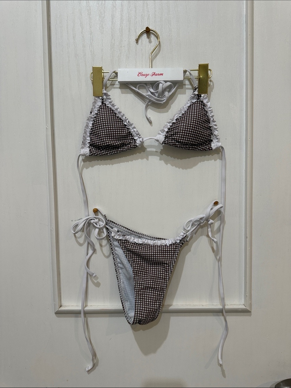 Gingham Cheeky Triangle Bikini Set in Brown and White